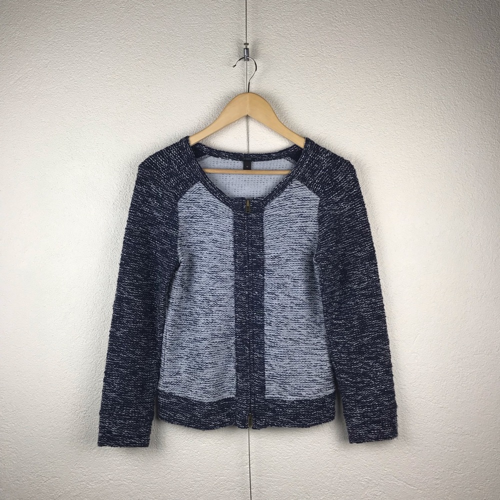 JCrew l XS Retro Preppy Nubby Tweed Navy Light Blue Knit Zip-Up Cardigan Sweater